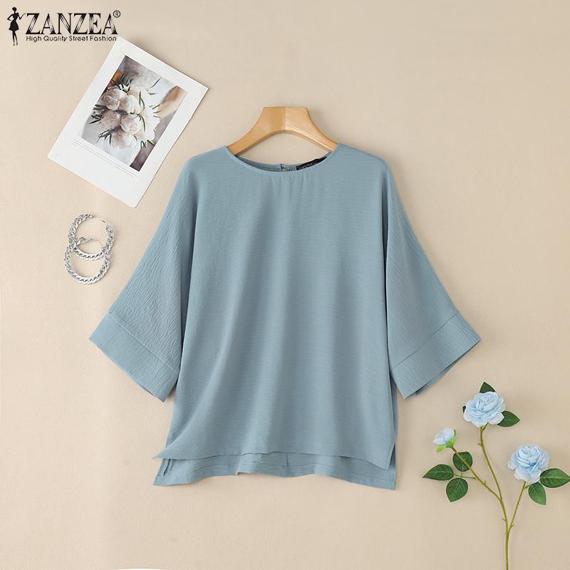 ZANZEA Women Casual Round Neck 3/4 Sleeve Solid Color Loose Blouse