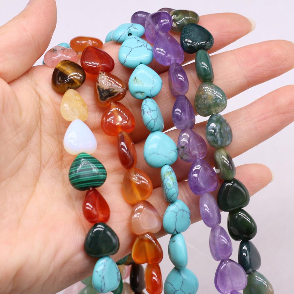 16Pcs/String, Spiritual Healing Crystal Heart Beads, Bohemian Style Natural Stone Rose Quartz Gemstone Loose Spacer Beads for Jewelry Making DIY Craft