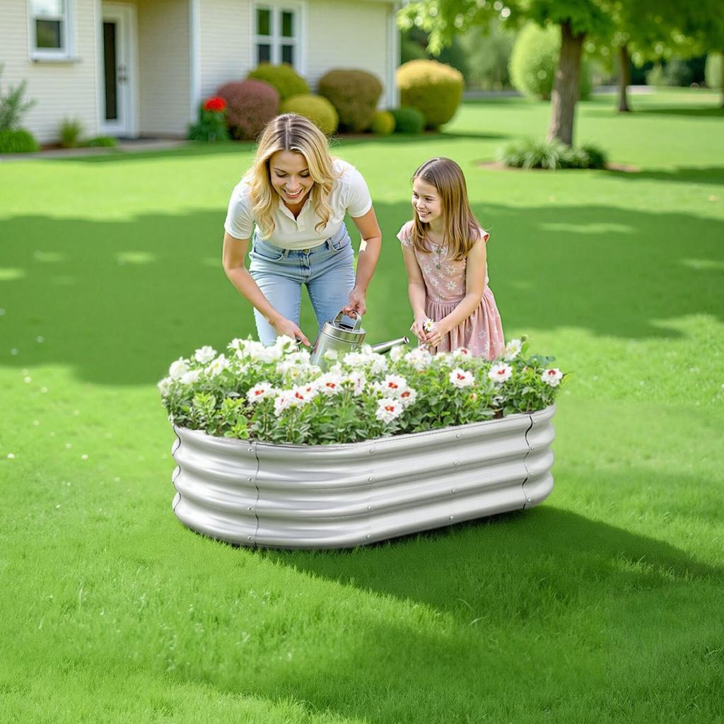 Metal Raised Garden Bed, 1.2 X 0.6 X 0.3 M Oval Outdoor Galvanized Planter Garden Box, Open Bottom Design, Large Planter Raised Bed for Growing