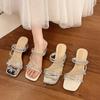Fashion Shoes Woman's Slippers Square Heel Glitter Slides Med Fashion 2025 Block Jelly Luxury Summer Crystal Scandals Med Shoes Woman 20