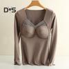 Women Bottoming Tops V-Neck Chest Padded Long Sleeve Thermal Tops Elastic DE Velvet Fabric Tee Shirt