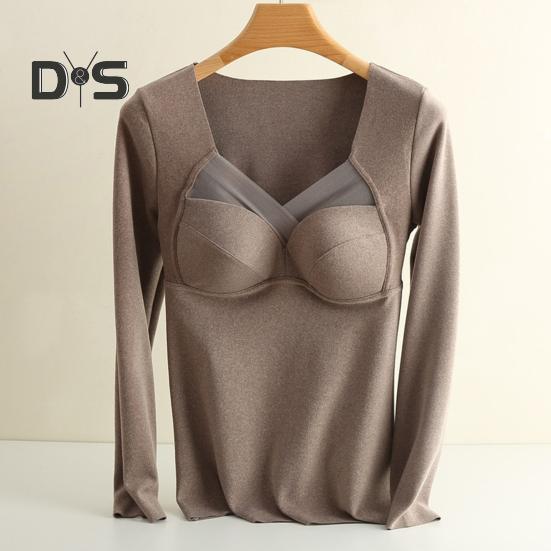 Women Bottoming Tops V-Neck Chest Padded Long Sleeve Thermal Tops Elastic DE Velvet Fabric Tee Shirt