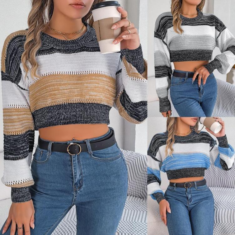 Vintage Streifenmuster Lockerer Cardigan Pullover Langarm Rundhalsausschnitt Strickware Herbst Winter
