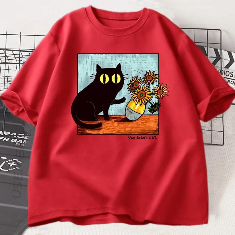 

Van Gogh Cat Graphic Cartoon T Shirts Women Flower Black Cat T-shirt Round Neck Short Sleeve Trendy Tee Shirt Streetwear 3XL