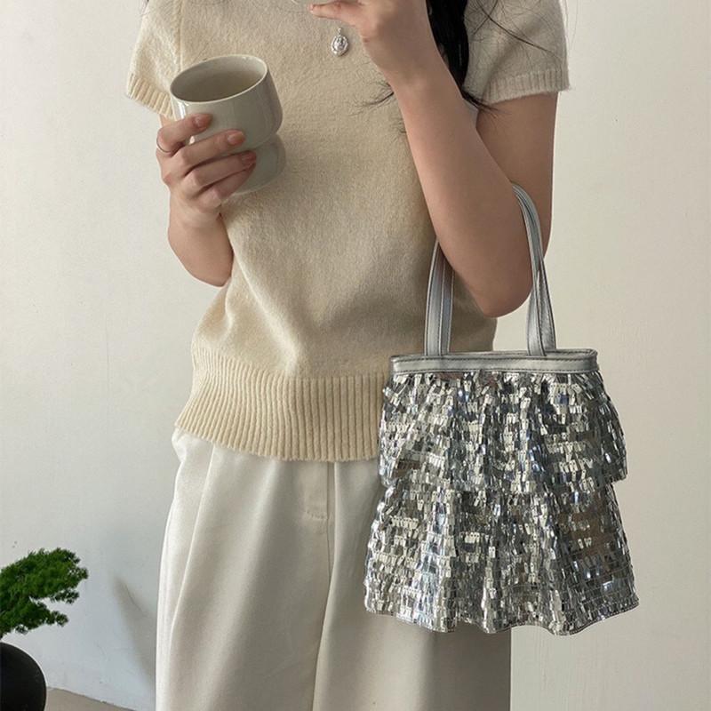 2025 Fashion Elegant Skirt Style Women Shiny Sequin Handbags Lady Peculiar Design Folded Underarm Bag Trendy Party Evening Bag