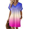 Women's Fashion Gradient Print V-Neck Short Sleeve Pocket Casual Pullover Dress