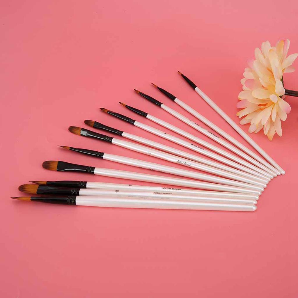12 Pcs Painting Brush Set Pearl White Rod Watercolor Propene Drawing Tool(Filbert Tip)