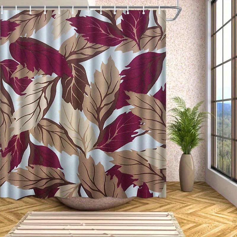 Bordeauxrood en Beige Bladpatroon Douchegordijn, Polyester Stof, Machine Wasbaar, Met Haken, Geschikt Voor Badkamer Decoratie.