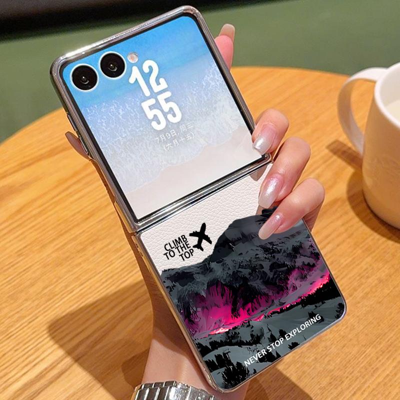 

Airplane Snow Mountain Case For Samsung Z Flip 5 6 7 FE Luxury Hybrid 3in1 Leather Skin Plating Folding Phone Cover For Samsung Z Flip7 Flip6 Flip5 Samsung Z Flip7 FE/Flip6 бежевий