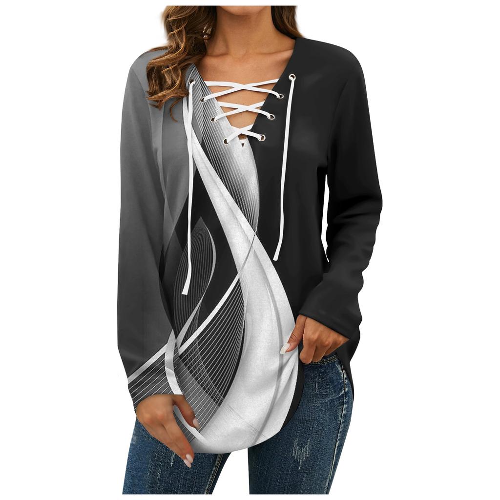 Women's V-neck Strap Long-sleeved Printed Top
