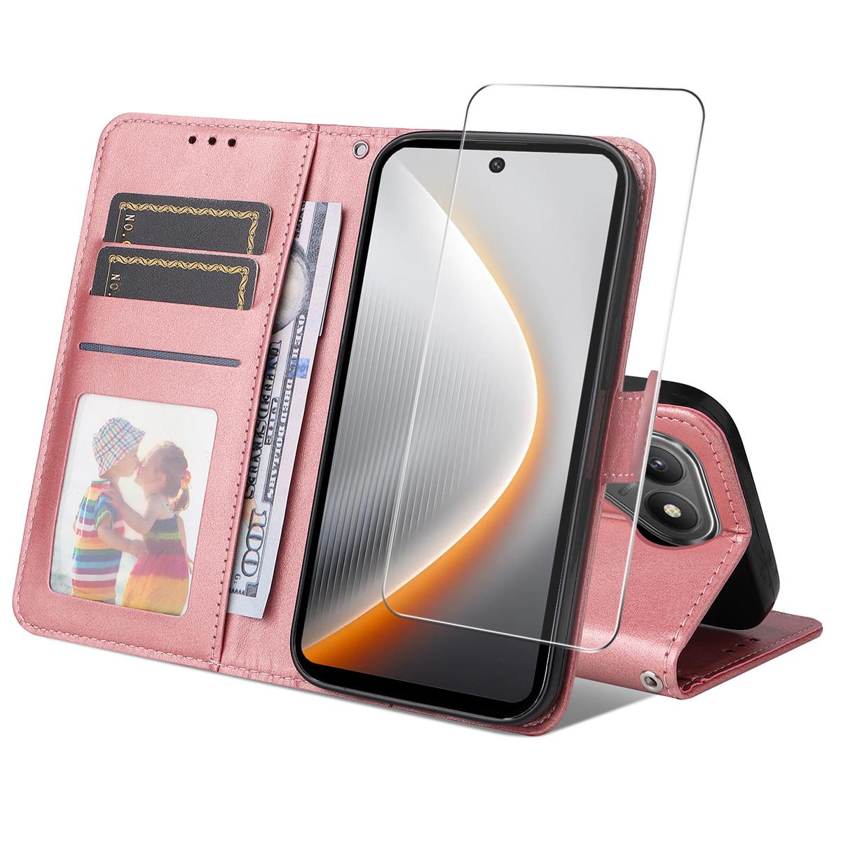 

For TECNO Pova 7 4G PU Leather Wallet Case Phone Stand Cover with Tempered Glass Pink