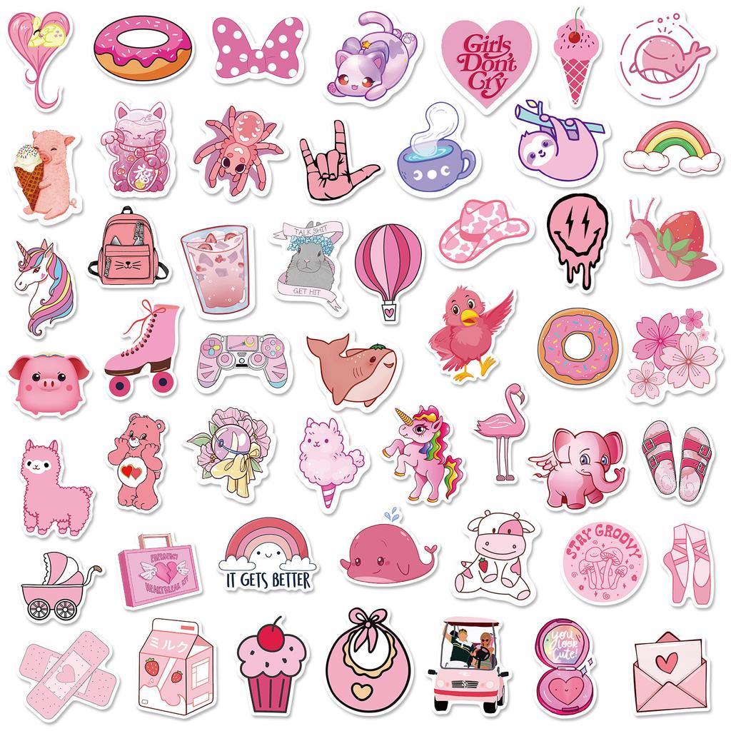 200 Color Mix and Match Pink Stickers New Cartoon Cute Pink Fresh Stickers