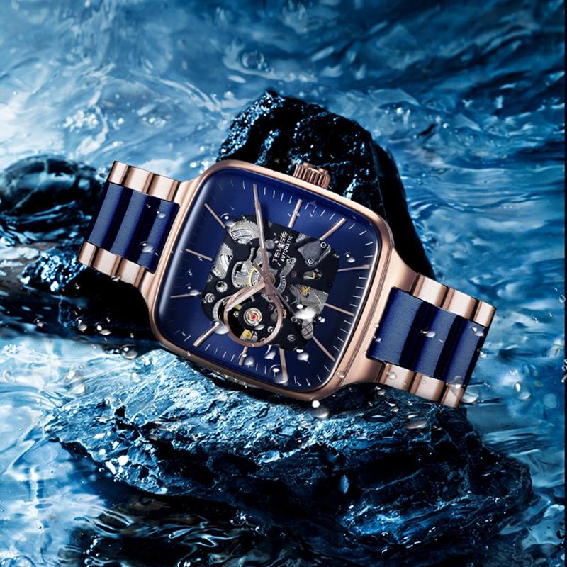 TEVISE Automatic Watches Men Mechanical Business Automatico Square Clock Stainless Steel Strap Business Sports Watch