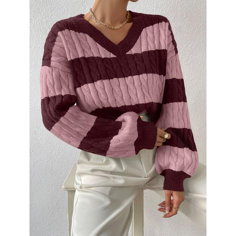 Women's Autumn and Winter V-neck Twisted Flower Pullover Sweater for Women's Clothing