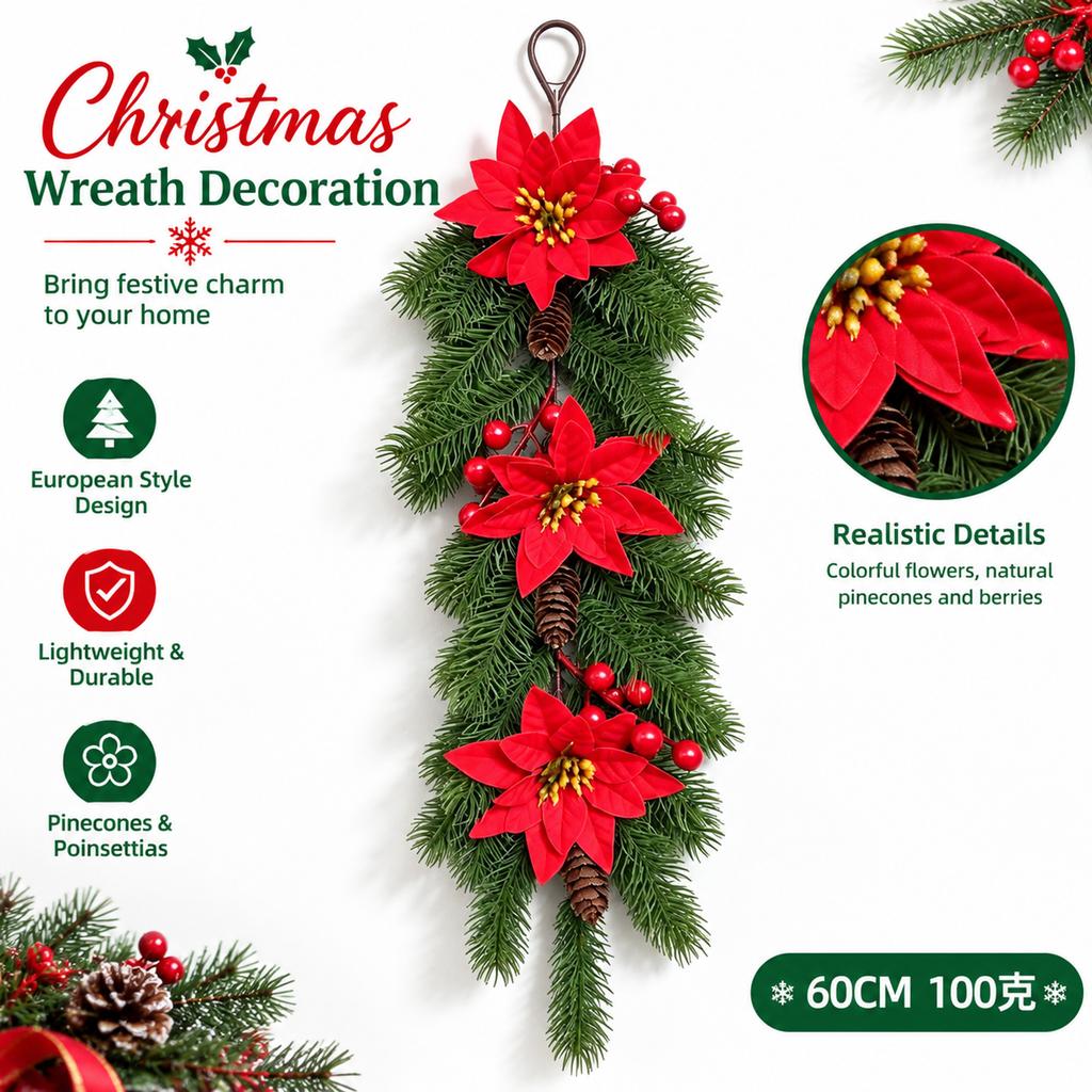 European Style Plastic Christmas Wreath Ornament with Pine Needles and Red Berries