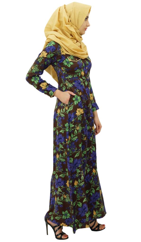 Bimba Womens Muslim Printed Jilbab Dress Designer Abaya With Pockets & Hijab