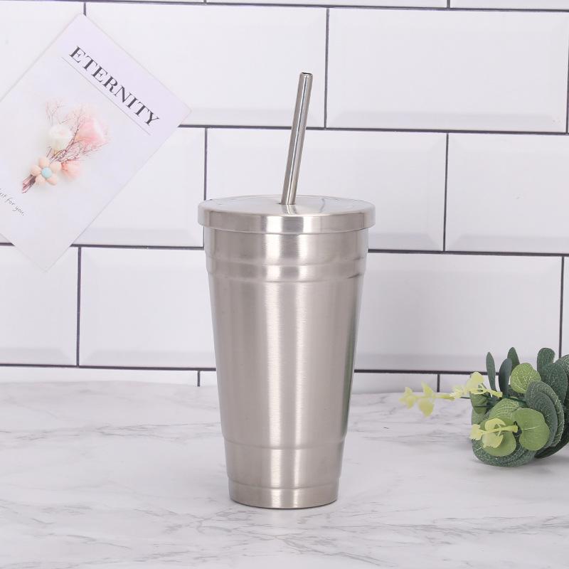 

Дорожная кофейная кружка - Двухслойная нержавеющая сталь с соломинкой, Портативный подарочный предмет 475ml серебряный