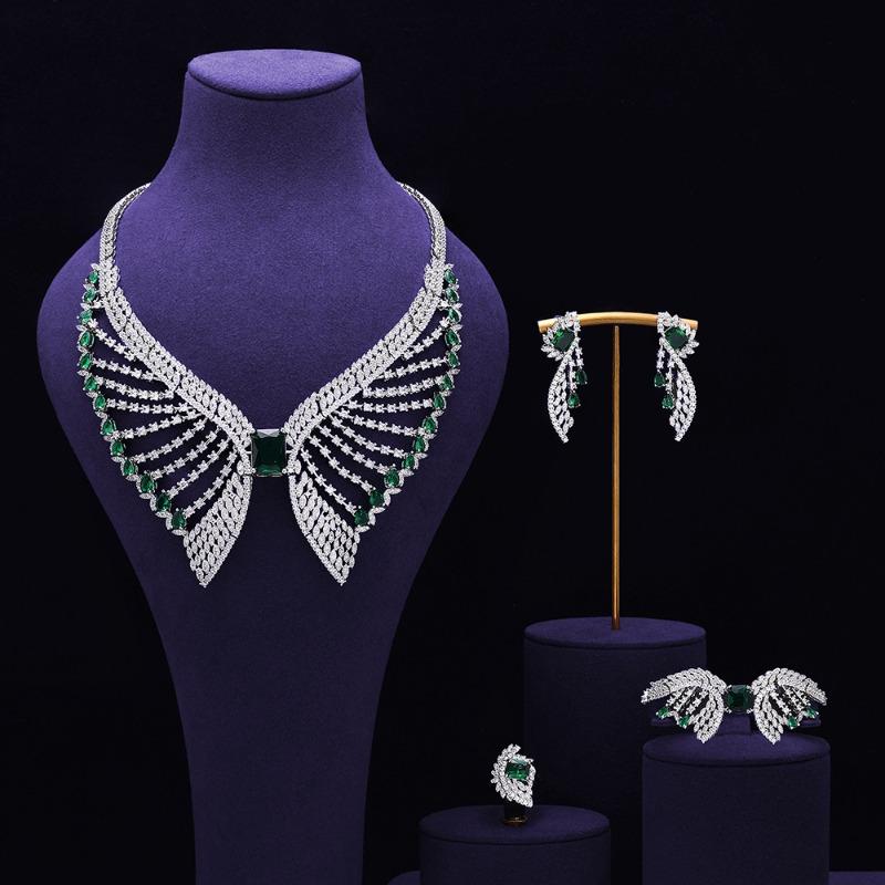 Modischer und umweltfreundlicher Zirkon-Halsketten-Ohrring-Set mit Kupferintarsien, 4-teiliges Bankett-Hochzeits-Accessoire