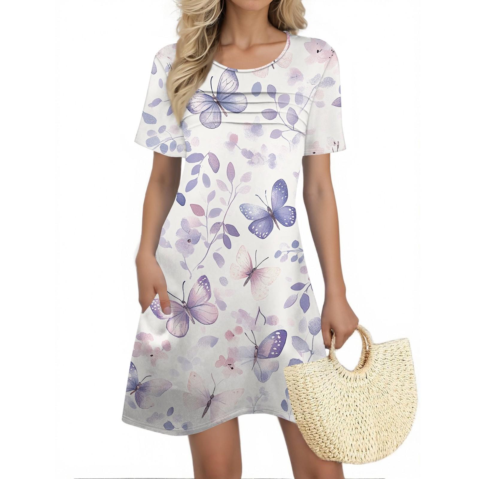 

Женские летние платья Женские летние платья с цветочным принтом Повседневные платья с коротким рукавом и круглыми карманами XL фиолетовый