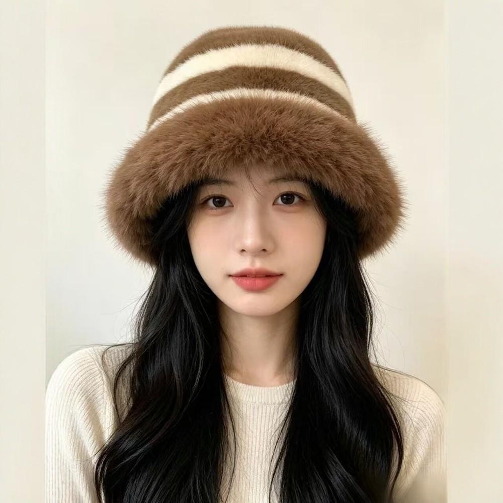 Wide Brim Fur Bucket Hat Faux Fur Striped Fisherman Cap Fashion Plush Hat Winter