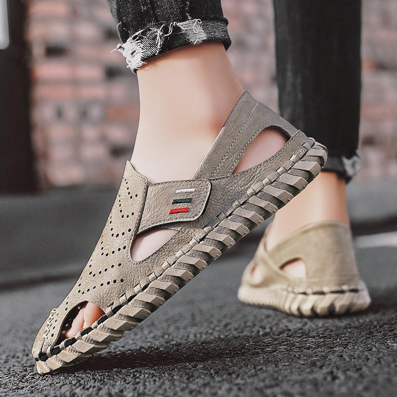 Fashion Men Handmade Sandals PU Solid Color Hollow Soft Sole Business Casual Sandals Comfortable Breathable Non Slip Beach Shoes