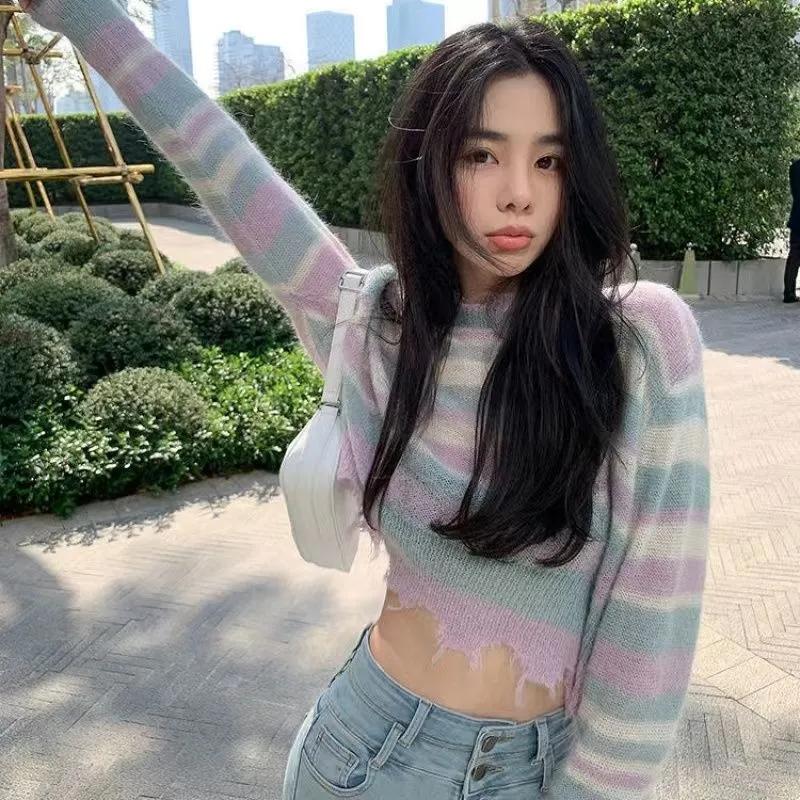 WTEMPO Korean Loose Thin Knitted Pullovers Women Rainbow Striped Cropped Sweaters Ripped Y2K Harajuku Knitwear