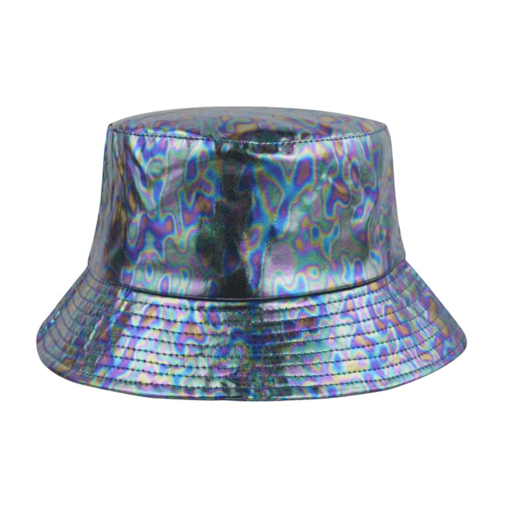 Leder Leuchtender Eimerhut Einseitig Glänzend Sonnenhut Laser Regenbogen Fischerhut Outdoor Reisen
