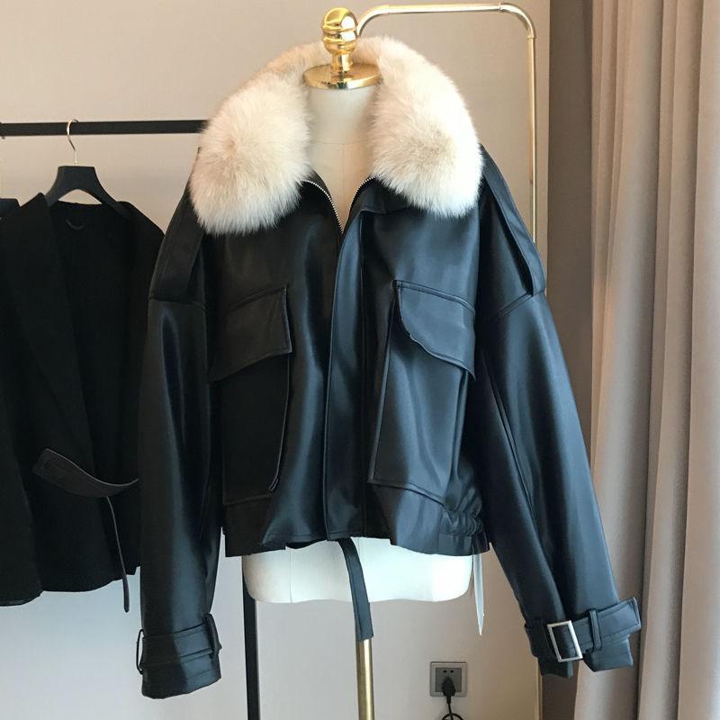Autumn and winter velvet thickened leather jacket imitation fur short removable imitation rabbit fur collar jacket warm cotton clothing women's