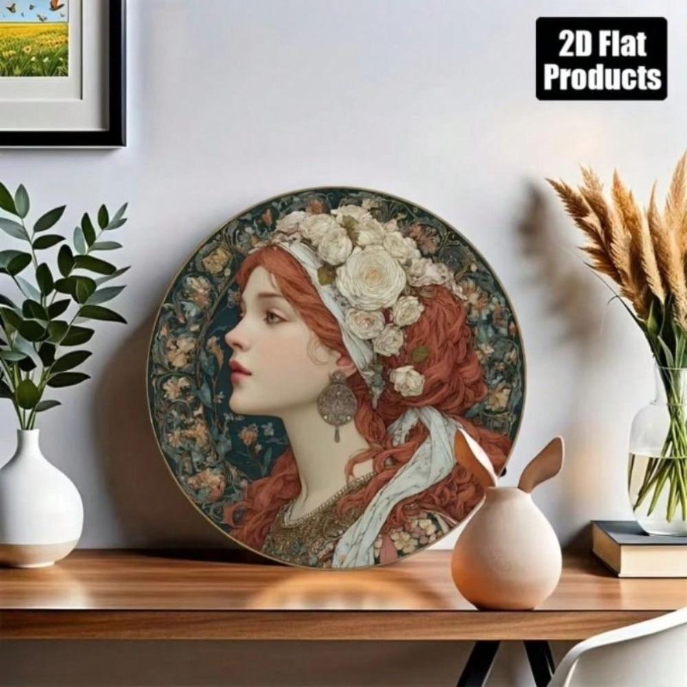 Retro Girl Flower Round Metal Poster 8x8 Inch Wall Art for Living Room