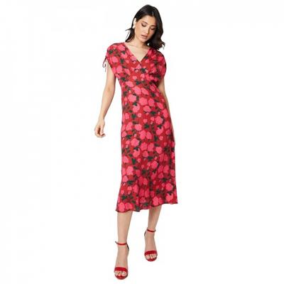 Dorothy Perkins Damen/Damen Rosen V-Ausschnitt Gerafftes Midi-Kleid