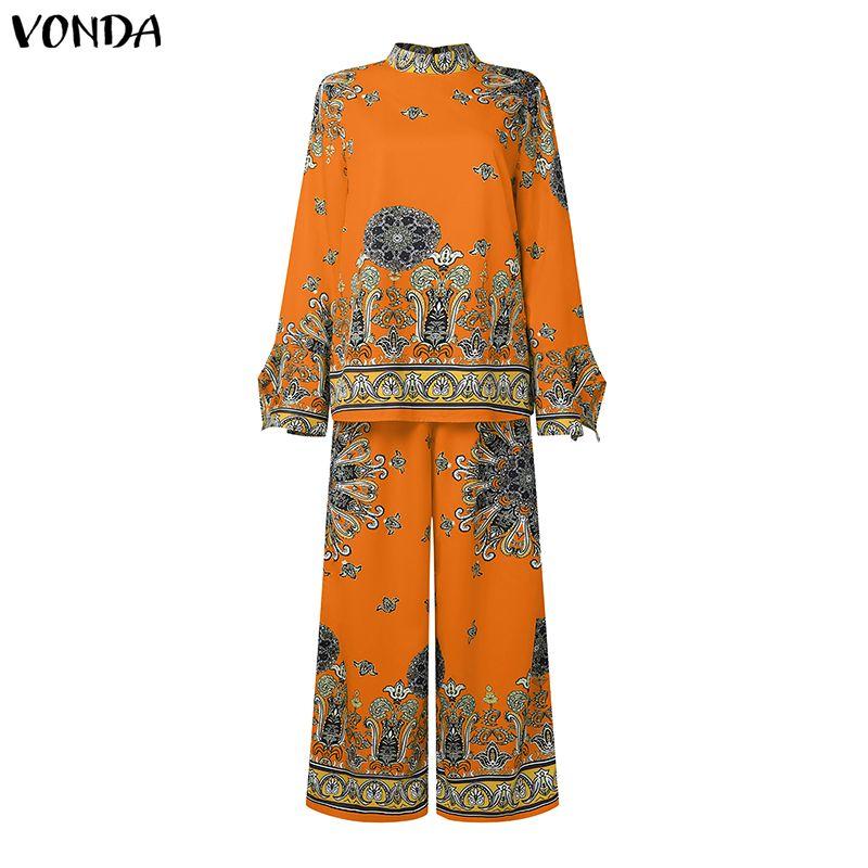 VONDA 2PCS Women Ethnic Long Sleeve Print Blouse and Pants Casual Two Piece Suit Sets
