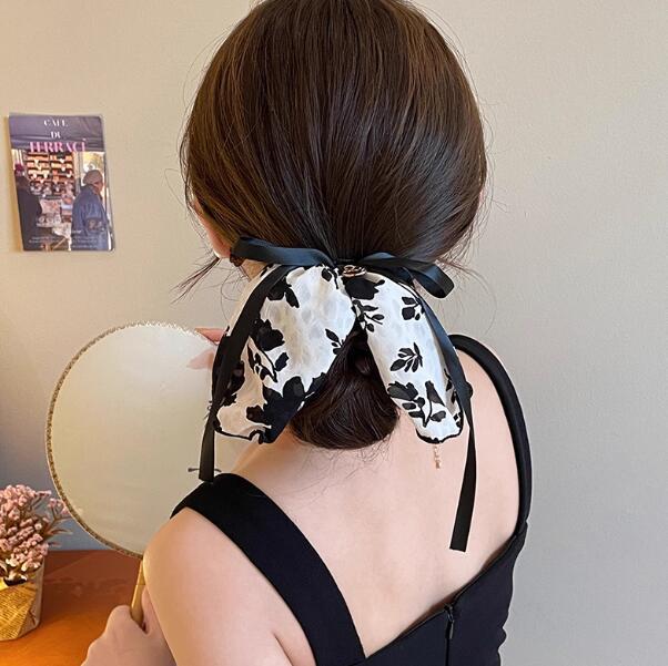 Retro floral streamer bow large intestine hair band female elegant ponytail hair rope rubber band tie head rope hair
