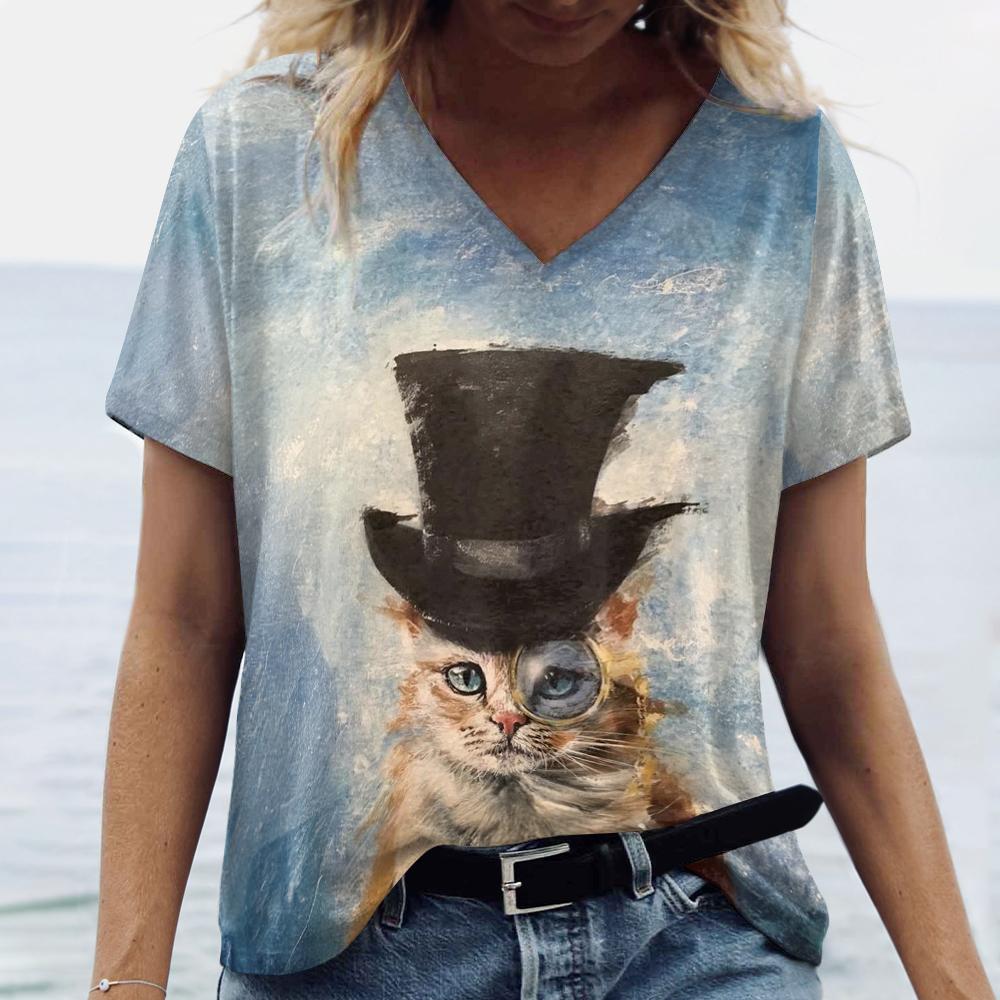 New Women's T-shirt Cartoon Cat print Vintage Plus Size Top Summer Women's Trending Clothes Fashion Short Sleeve Shirt V-neck