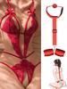 Crotchless Sexy Lingerie For Women Exposed Naughty Underwear Strap Bandage Belt Bodysuit Red Floral Backless Hollow Chest Plus