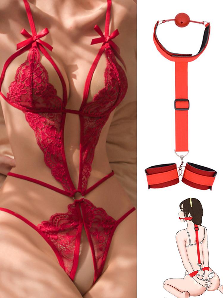 Crotchless Sexy Lingerie For Women Exposed Naughty Underwear Strap Bandage Belt Bodysuit Red Floral Backless Hollow Chest Plus