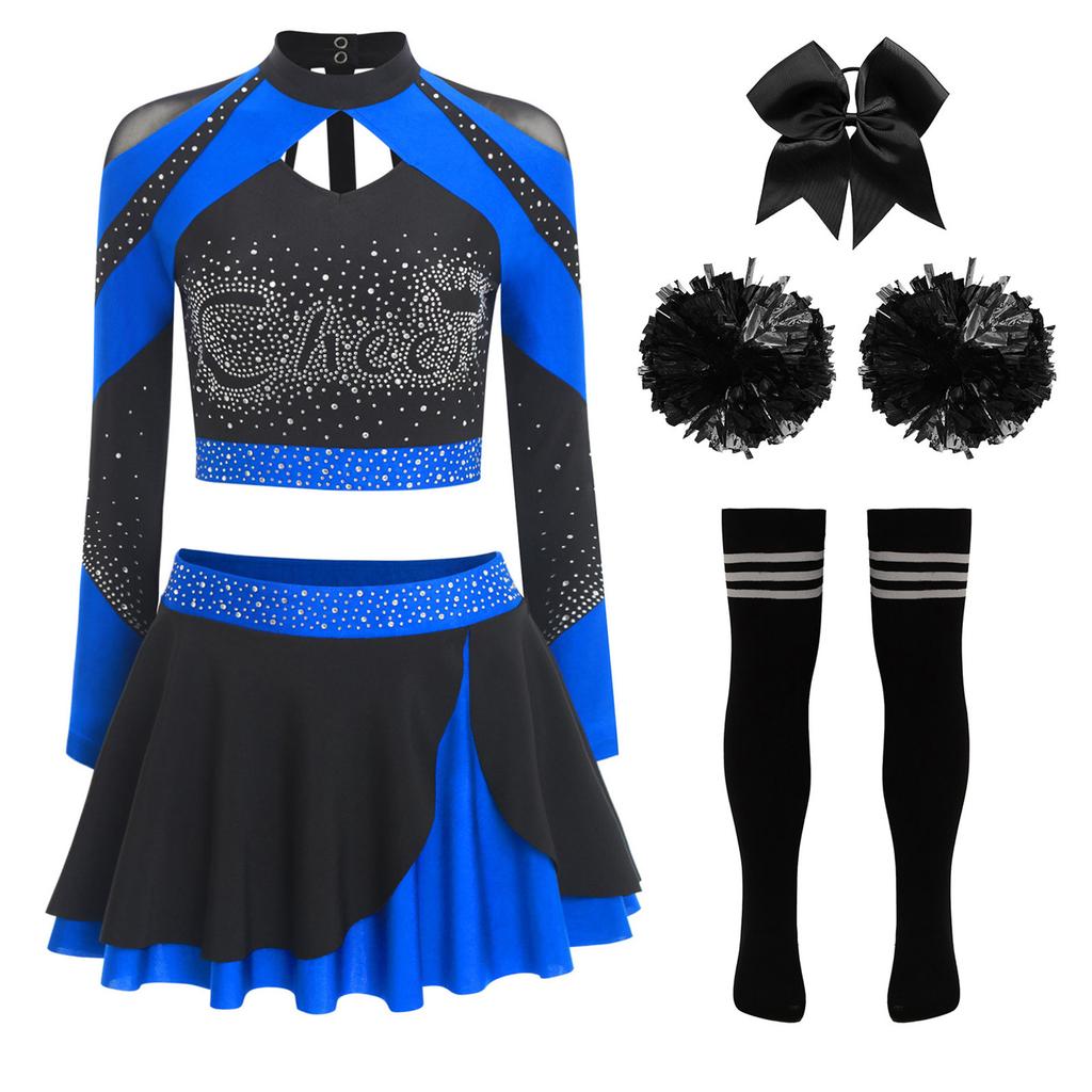 Uniforme Brillante da Cheerleading da Donna Manica Lunga Strass Crop Top Gonna da Pattinaggio