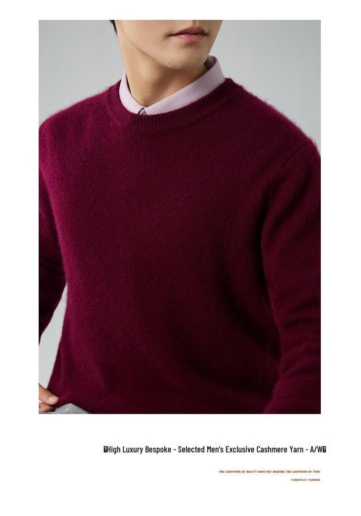 Men's Winter 2025 Cashmere Round Neck Sweater - Thick, Long Sleeve, Business Casual, Solid Color Knit Base Layer