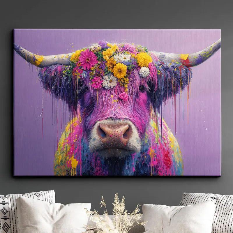 Tapestry is a colorful painting depicting a Scottish highland cow. 75x100