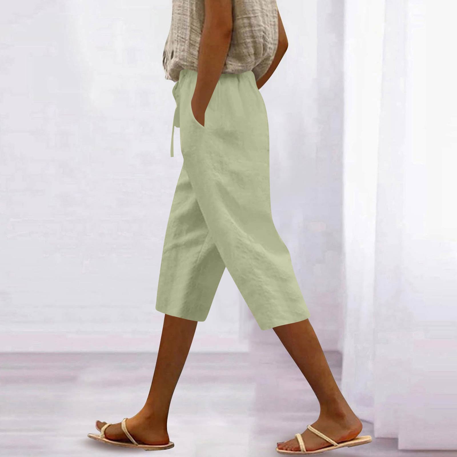 

Women’s Linen Cropped Wide Leg Pants with Elastic Waistband and Drawstring Loose Fit Lightweight Trousers for Casual Wear M
