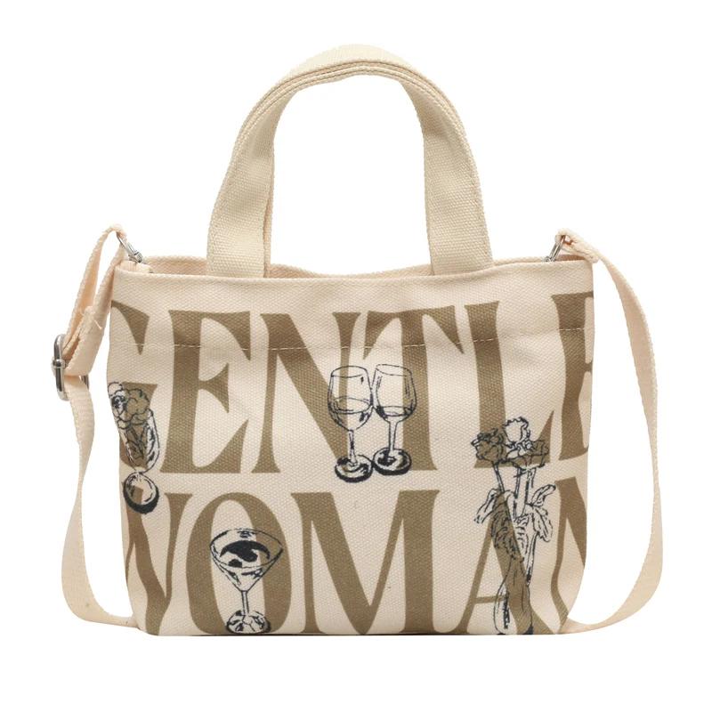 Monochrome bedruckte Umhängetasche aus Canvas mit Gewinde für Damen, lässige, schlichte Tragetasche, Umhängetasche