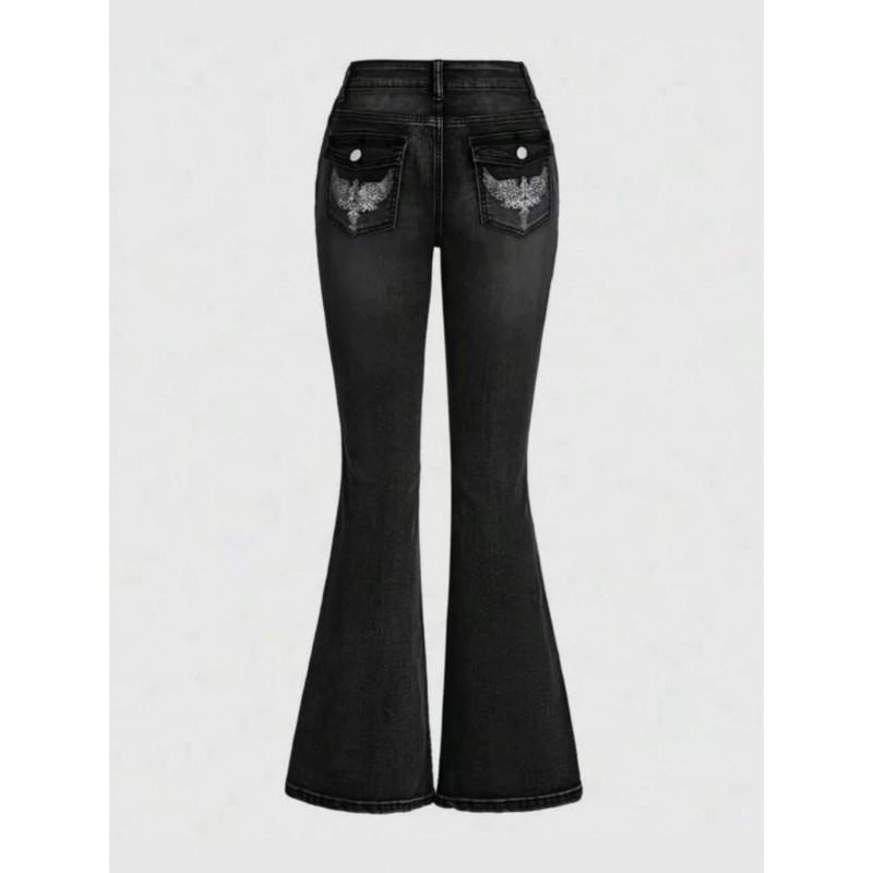 Distressed Blue Eagle Embroidered Flared Jeans