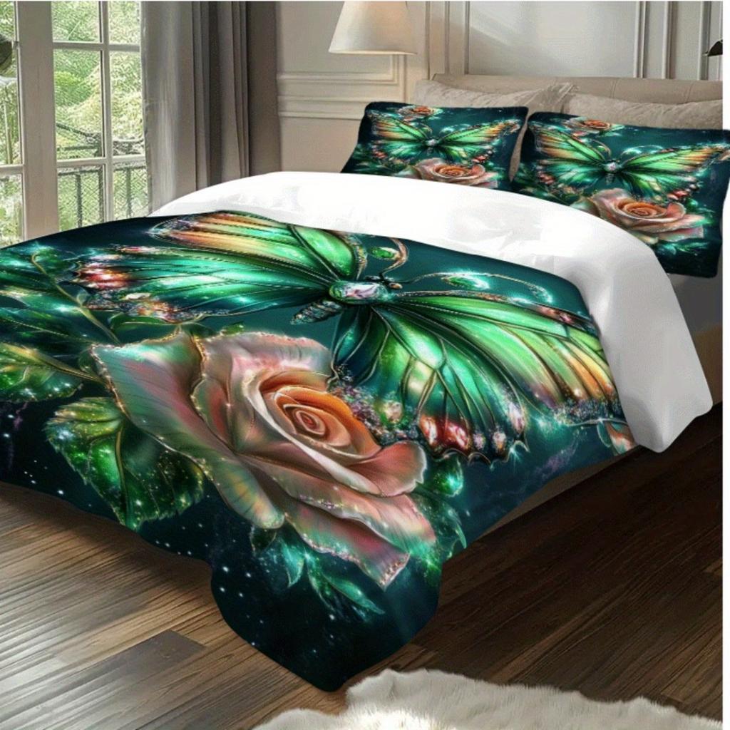 3-teiliges Green Butterfly Rose 3D-gedrucktes Bettwäscheset Bequeme weiche Bettbezüge King Queen Twin Größen Geburtstag Geschenk Schlafzimmerdekoration