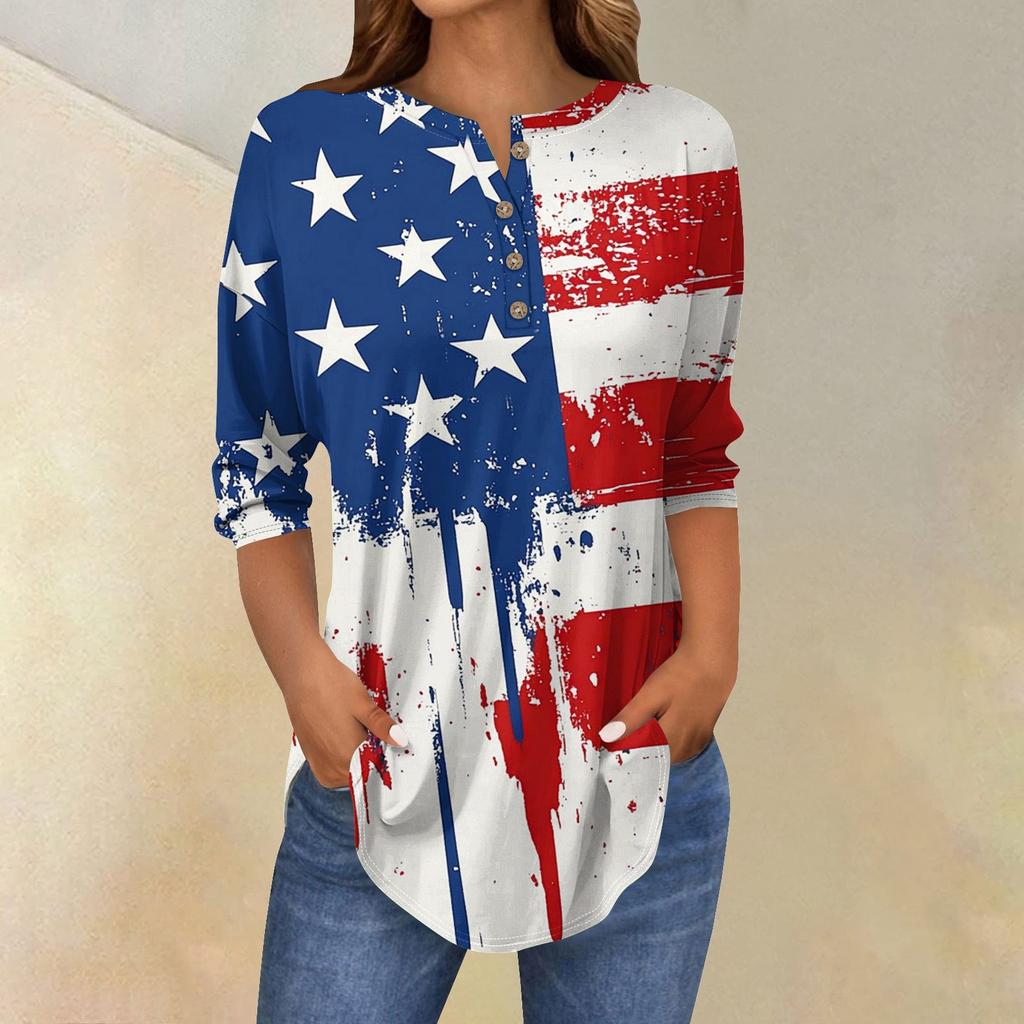 Tee Shirts For Women Fall Casual 3/4 Long Sleeve Button Shirts Sweatshirt Vintage Top Pullover