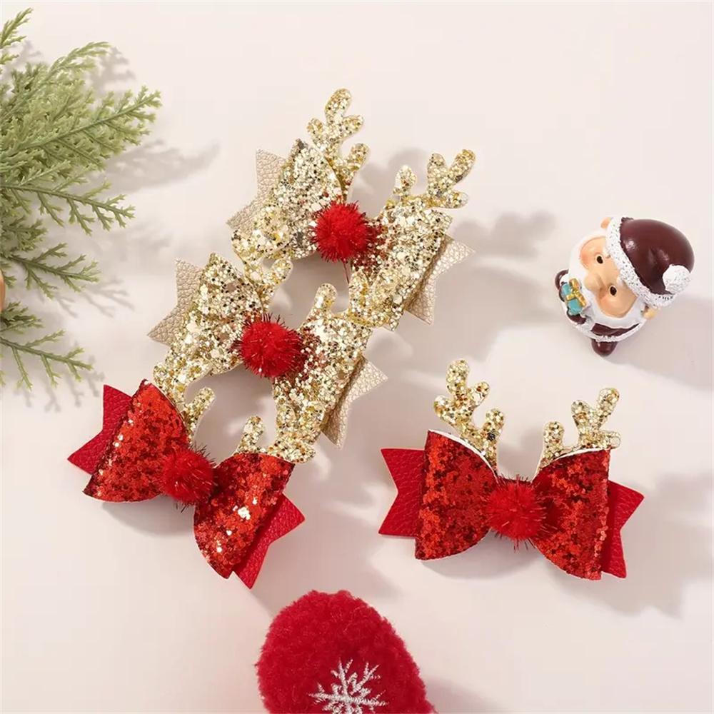 4pcs Children's Christmas Antler Hair Clip Glitter Elk Bow Hair Accessories For Girls Princess Pompom Party Hairpins Ideal Gifts