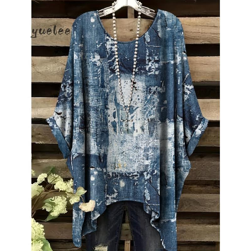 Bohemio Chic Oversize de Moda Estampados Étnicos Dobladillo Irregular Cuello Redondo Ropa Moda Ropa de Mujer Versátil Ropa para Mujer