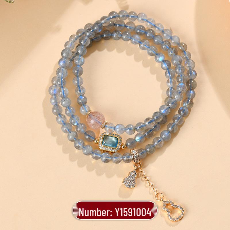 

Natural Crystal Labradorite & Strawberry Quartz Fu Lu Women s Multi-Layer Bracelet - New Chinese National Style