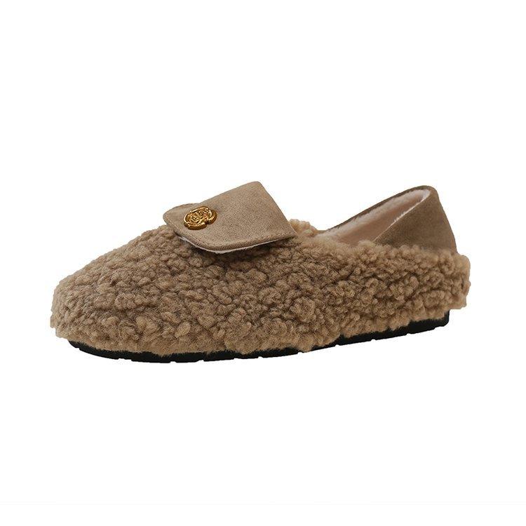 French camellia lazy one-pedal fluffy shoes women's autumn and winter velvet loafers soft-soled beanie shoes cotton ladyshoes