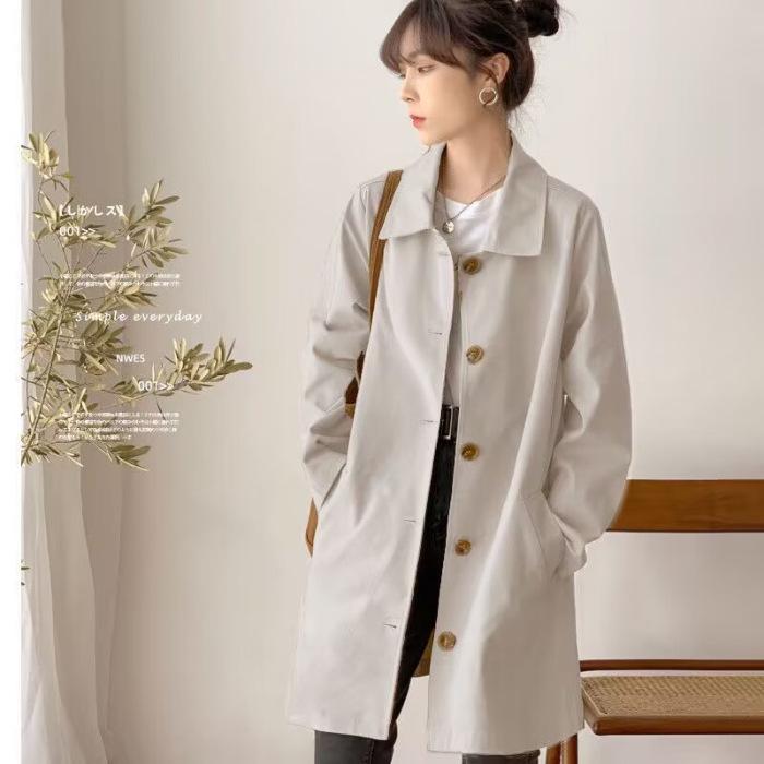 Women's Mid-Length Trench Coat, Spring/Autumn, Korean Style, Loose Fit, Solid Color, Versatile Outerwear, Trendy and Simple Design.