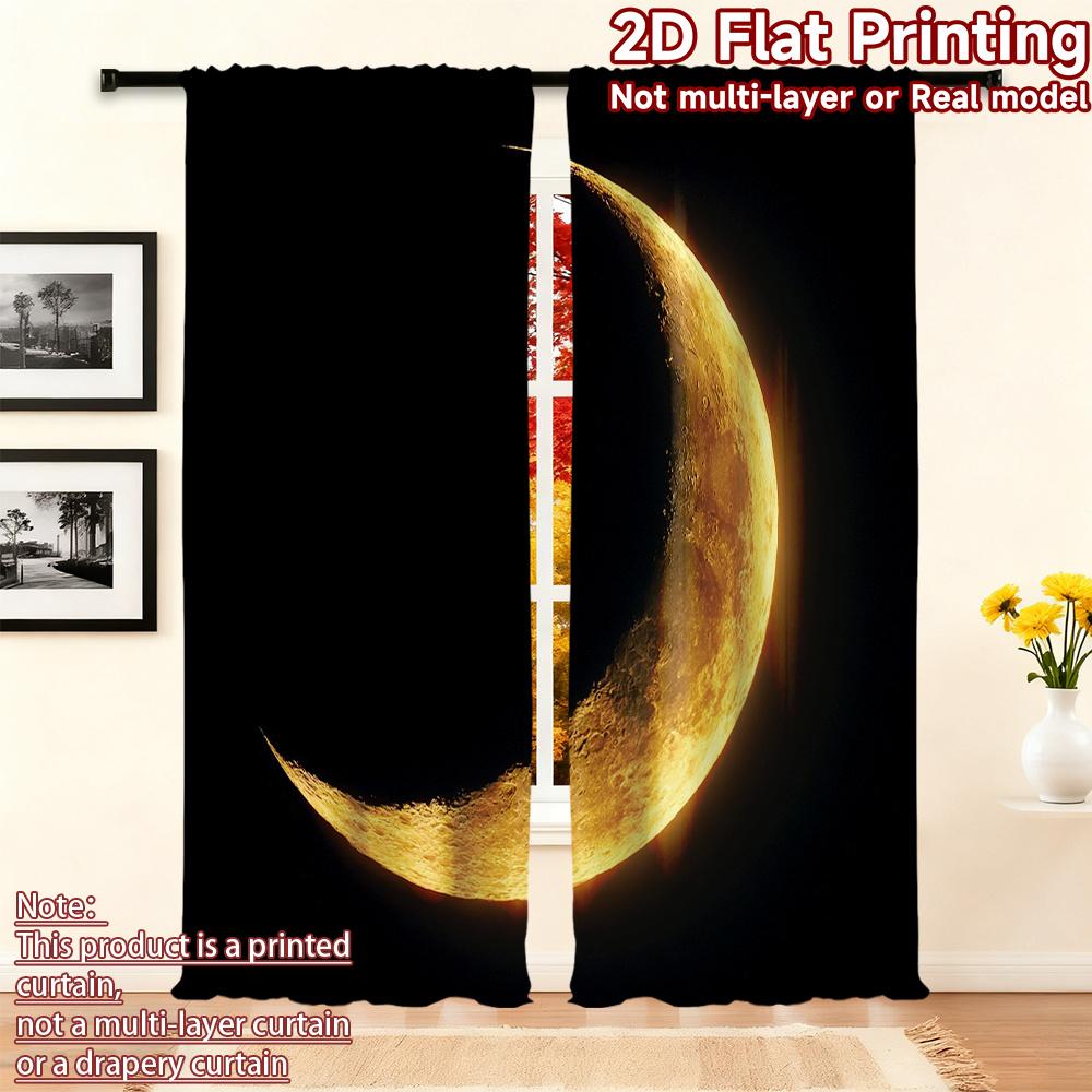 Minimalist Black Golden Moon Curtain Panels, Night Crescent Lunar Full Print Drapes For Bedroom Office Dark Style Home Decor