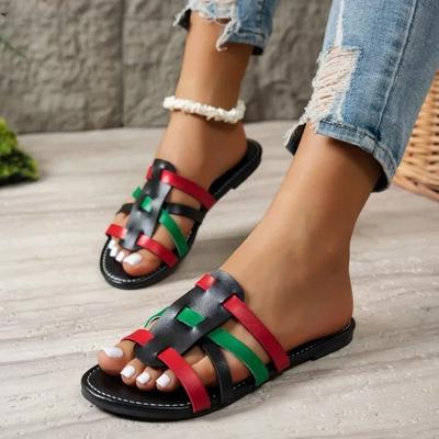 Women's Slippers 2025new Trendy Color Matching PU Leather Summer Selling Beach Open-toe Slippers Outdoor Non-slip Flat Flip-flop
